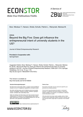 Beyond the Big Five: Does Grit Influence the Entrepreneurial Intent of University Students in the US?