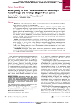 Heterogeneity for Stem Cell–Related Markers According to Tumor Subtype and Histologic Stage in Breast Cancer