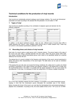 Technical Conditions for the Production of Vinyl Records