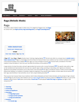 Raga (Melodic Mode) Raga This Article Is About Melodic Modes in Indian Music