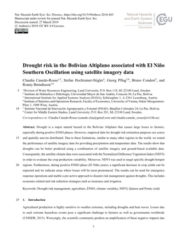 Drought Risk in the Bolivian Altiplano Associated with El Niño Southern Oscillation Using Satellite Imagery Data