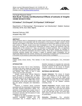 Sub-Acute Toxicity and Biochemical Effects of Extracts of Anaphe Venata Larvae in Mice