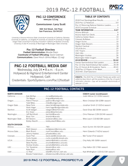 2019 PAC-12 FOOTBALL PAC-12 CONFERENCE TABLE of CONTENTS 2018 Final Standings/Bowl Results
