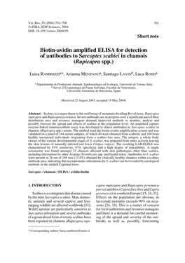 Biotin-Avidin Amplified ELISA for Detection of Antibodies to Sarcoptes Scabiei in Chamois (Rupicapra Spp.)