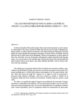 Cel·Les Monàstiques Vinculades a Guifré El Pelós I a La Seva Obra Repobladora (Vers 871 - 897)