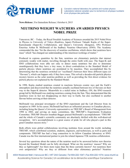 Neutrino Weight Watchers Awarded Physics Nobel Prize