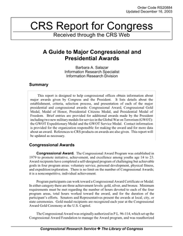 A Guide to Major Congressional and Presidential Awards