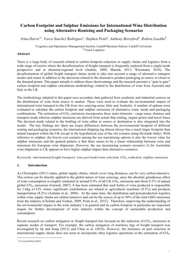 Carbon Footprint and Sulphur Emissions for International Wine Distribution Using Alternative Routeing and Packaging Scenarios