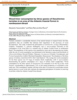 Wood Litter Consumption by Three Species of Nasutitermes Termites in an Area of the Atlantic Coastal Forest in Northeastern Brazil