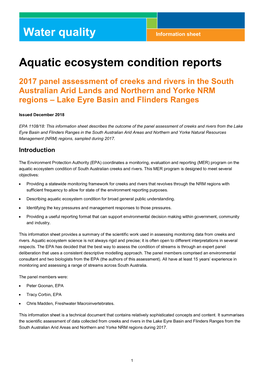 2017 Panel Assessment of Creeks and Rivers in the South Australian Arid Lands and Northern and Yorke NRM Regions – Lake Eyre Basin and Flinders Ranges