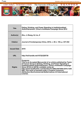 Title Eating, Drinking, and Power Signaling in Institutionalized Authoritarianism: China's Antiwaste Campaign Since 2012 Autho