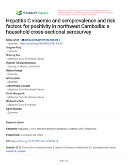 Hepatitis C Viraemic and Seroprevalence and Risk Factors for Positivity in Northwest Cambodia: a Household Cross-Sectional Serosurvey