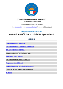 Comunicato Ufficiale N. 10 Del 19 Agosto 2021