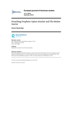 European Journal of American Studies, 13-2 | 2018 Preaching Prophets: Upton Sinclair and the Moslem Sunrise 2