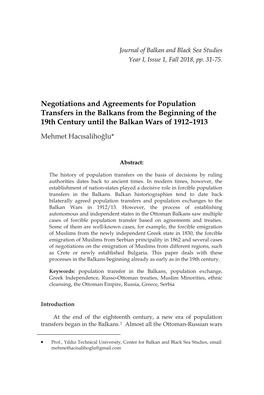 Negotiations and Agreements for Population Transfers in the Balkans from the Beginning of the 19Th Century Until the Balkan Wars of 1912–1913 Mehmet Hacısalihoğlu*