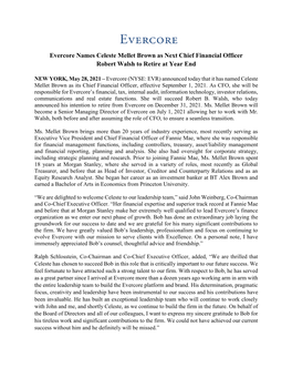 Evercore Names Celeste Mellet Brown As Next Chief Financial Officer Robert Walsh to Retire at Year End