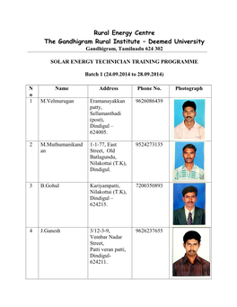 Rural Energy Centre the Gandhigram Rural Institute – Deemed University Gandhigram, Tamilnadu 624 302