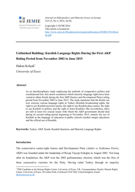 Unfinished Building: Kurdish Language Rights During the First AKP Ruling Period from November 2002 to June 2015