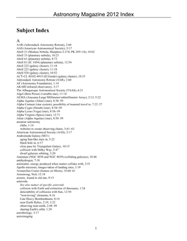 Astronomy Magazine 2012 Index Subject Index