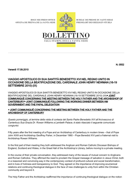 Viaggio Apostolico Di Sua Santità Benedetto Xvi Nel Regno Unito in Occasione Della Beatificazione Del Cardinale John Henry Newman (16-19 Settembre 2010) (Ix)
