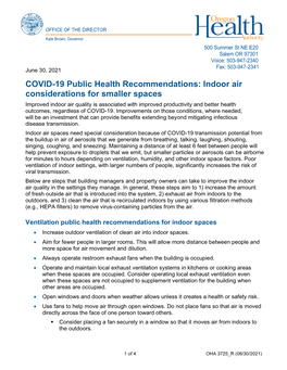 OHA 3725 R COVID 19 Public Health Recommendations: Indoor Air