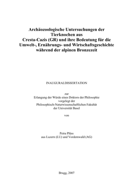 Archäozoologische Untersuchungen Der Tierknochen Aus Cresta-Cazis