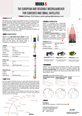 MIURA 5 the European and Reusable Microlauncher for Cubesats and Small Satellites Pablo Gallego, PLD Space, Pablo.Gallego@Pldspace.Com