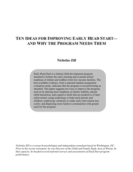 Ten Ideas for Improving Early Head Start— and Why the Program Needs Them