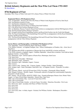 87Th Regiment of Foot Secondary Title: Prince of Wales' Irish (Until 1811); Thence Prince of Wales' Own Irish