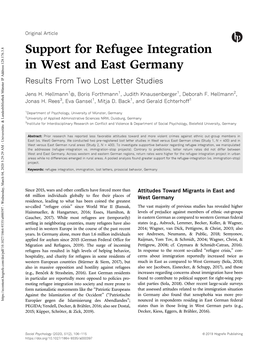 Support for Refugee Integration in West and East Germany Results from Two Lost Letter Studies