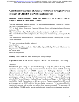 Germline Mutagenesis of Nasonia Vitripennis Through Ovarian Delivery of CRISPR-Cas9 Ribonucleoprotein