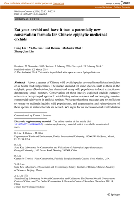 A Potentially New Conservation Formula for Chinese Epiphytic Medicinal Orchids