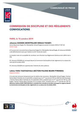 Commission De Discipline Et Des Règlements Convocations