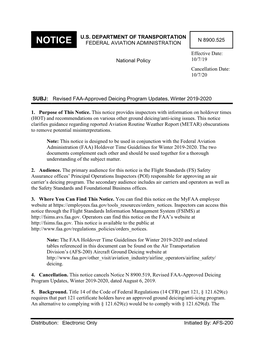 N 8900.525 NOTICE FEDERAL AVIATION ADMINISTRATION Effective Date: National Policy 10/7/19 Cancellation Date: 10/7/20