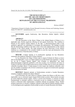 The Human Impact and the Aquatic Biodiversity of Lake Bosomtwe: Rennaisance of the Cultural Traditions of Abono (Ghana)?