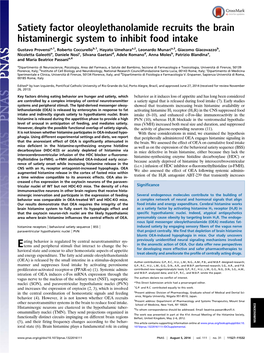 Satiety Factor Oleoylethanolamide Recruits the Brain Histaminergic System to Inhibit Food Intake