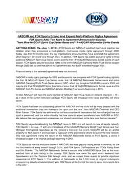 NASCAR and FOX Sports Extend and Expand Multi-Platform Rights