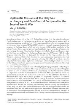 Diplomatic Missions of the Holy See in Hungary 88 Margit BALOGH and East-Central Europe After the Second World War