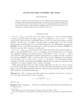 QUASI-AMICABLE NUMBERS ARE RARE 1. Introduction Let S(N