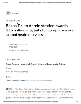 Baker/Polito Administration Awards $7.5 Million in Grants for Comprehensive School Health Services | Mass.Gov