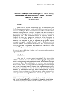 Emotional Predispositions and Cognitive Biases During the Pro-Russian Mobilisation in Donets’K, Eastern Ukraine, in Spring 2014 Daria Platonova