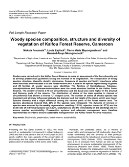 Woody Species Composition, Structure and Diversity of Vegetation of Kalfou Forest Reserve, Cameroon