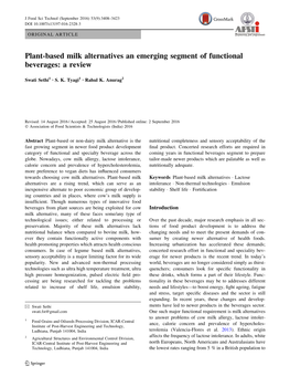 Plant-Based Milk Alternatives an Emerging Segment of Functional Beverages: a Review