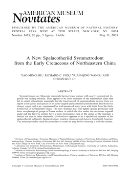 A New Spalacotheriid Symmetrodont from the Early Cretaceous of Northeastern China