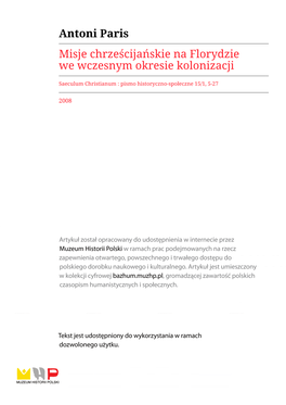 Antoni Paris Misje Chrześcijańskie Na Florydzie We Wczesnym Okresie Kolonizacji