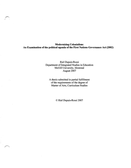 Modernizing Colonialism: an Examination of the Political Agenda of the First Nations Governance Act (2002)