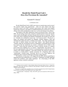 Should the Model Penal Code's Mens Rea Provisions Be Amended
