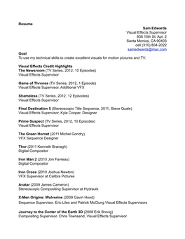 Resume Sam Edwards Visual Effects Supervisor 838 15Th St. Apt. 2