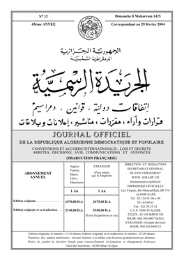 JOURNAL OFFICIEL DE LA REPUBLIQUE ALGERIENNE N° 12 8 Moharram 1425 29 Février 2004