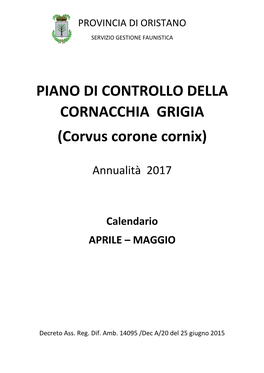 PIANO DI CONTROLLO DELLA CORNACCHIA GRIGIA (Corvus Corone Cornix)